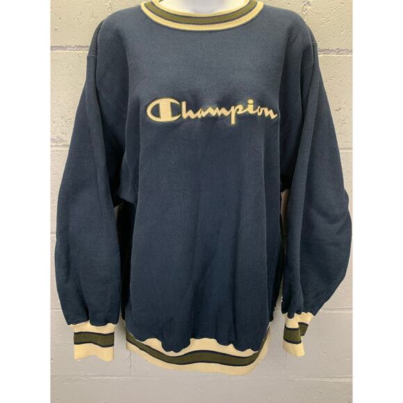 Vtg 90s Champion Reverse Weave Sweatshirt Spell Out Logo ColorBlock XL Navy Blue